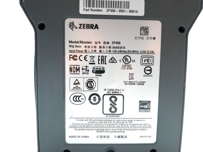 Zebra ZP 450 Thermal Label Printer ZP450-0501-0001A w/ AC Adapter +