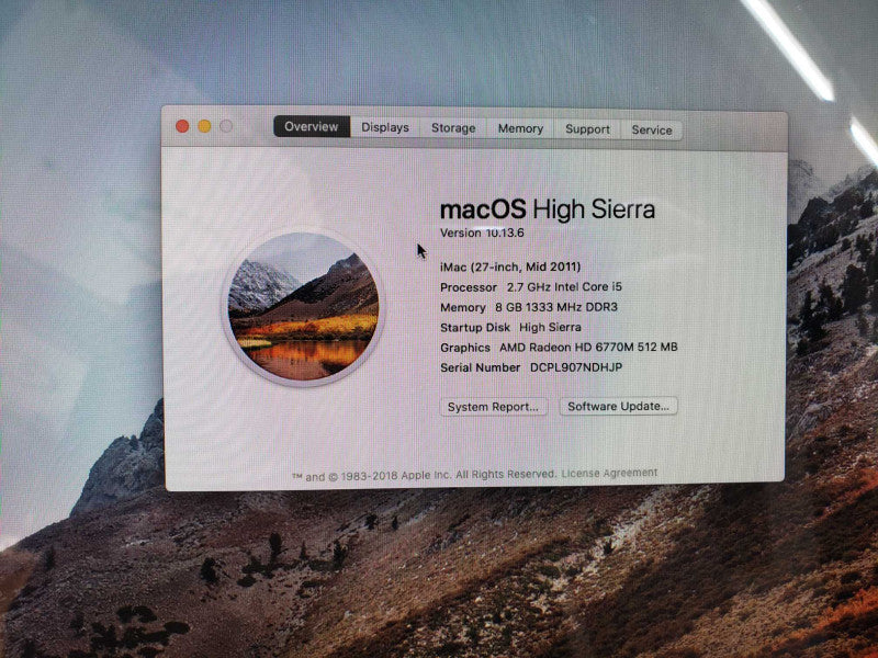 APPLE iMAC 27-inch 2011Core i5 8GB DDR3 Radeon HD 6770M NO HDD [