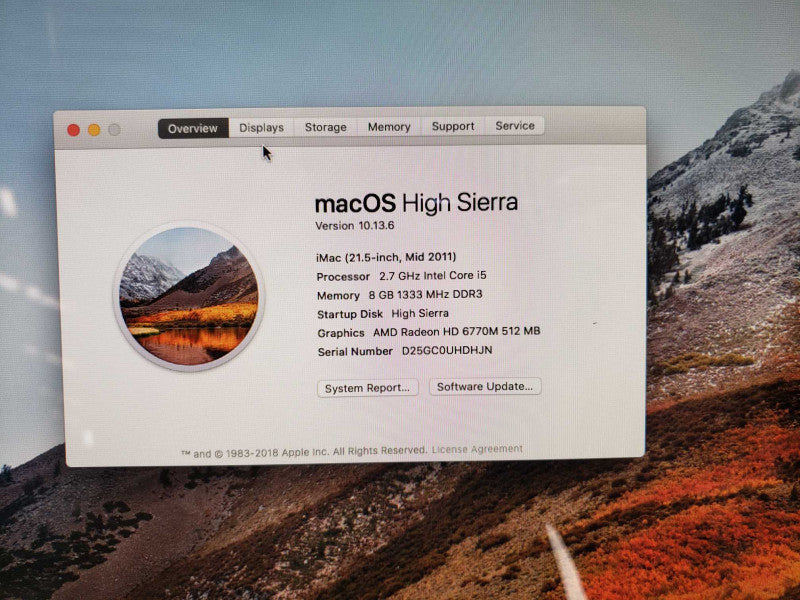 APPLE iMAC 21.5-inch 2011 Core i5 2.7 GHz 8GB DDR3 Radeon HD 6770M 1TB HDD [
