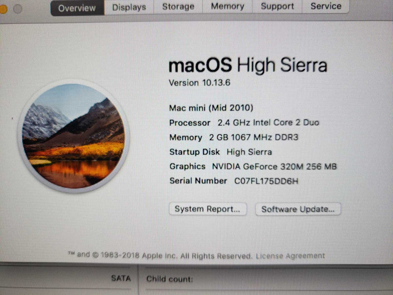 APPLE Mac Mini Mid2010 Core 2 2.4 GHz 2GB DDR3 GeForce 320M 320G HDD [