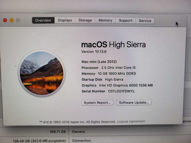 APPLE Mac Mini Late 2012Core i5 2.5GHz 10GB DDR3 HDGraphics 4000 NO HDD [