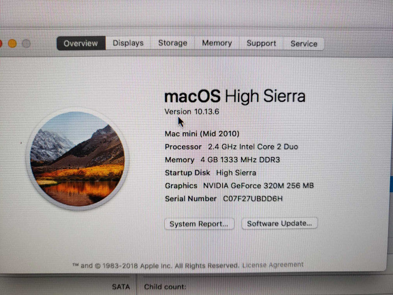 APPLE Mac Mini Mid2010 Core 2 2.4 GHz 2GB DDR3 GeForce 320M 320G HDD [