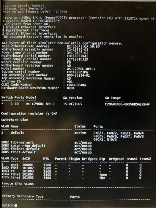 CISCO WS-C2960C-8PC-L - 8-Port 10/100 2x Gigabit PoE Series, FACTORY RESET ~
