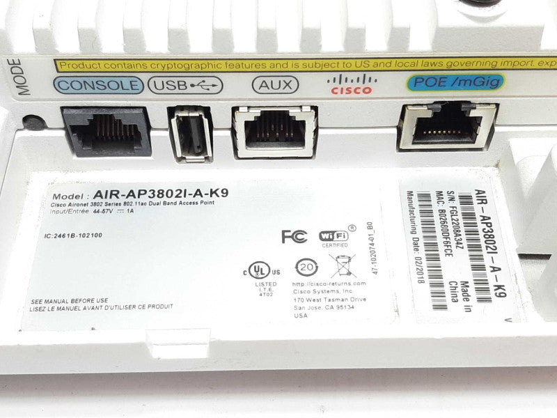 Cisco AIR-AP3802I-A-K9 Aironet 3802 802.11ac Dual Band Access Point +