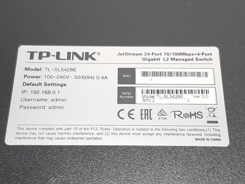 TP-LINK TL-SL5428E 28-Port (24x FastEth 4x GigEth) JetStream L2 Managed Switch +