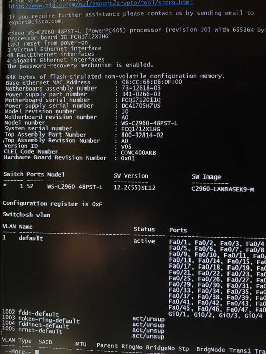 CISCO CATALYST  WS-C2960+48PST-L PoE, WS-C2960-48PST-L FACTORY RESET ~