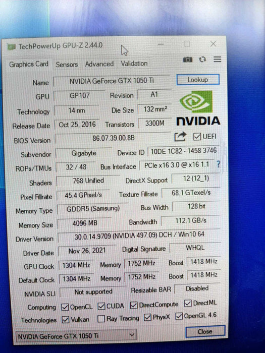 Gigabyte Gtx 1050 TI GPU Low Profile 100% TESTED ~