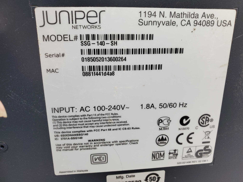 Juniper Networks SSG140 SSG-140-SH 8-Port Secure Services Gateway )