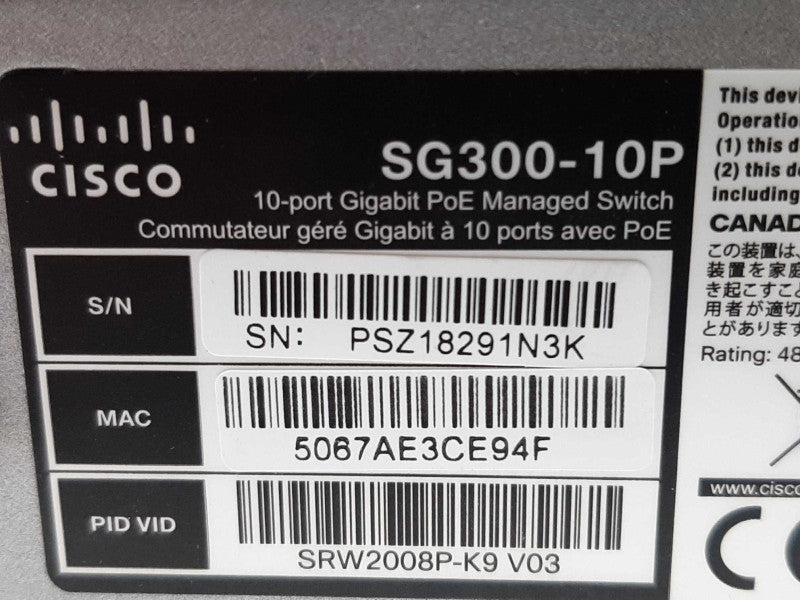 CISCO SG300-10P 10-Port Layer 3 Gigabit PoE Managed Switch SRW2008P-K9 ~