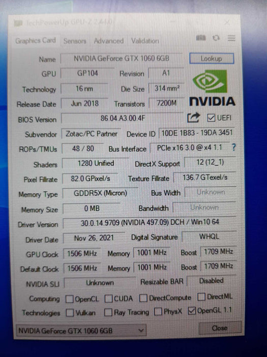 Zotac Geforce GTX 1060 6Gb 192BIT GDDR5X, 100% TESTED ~