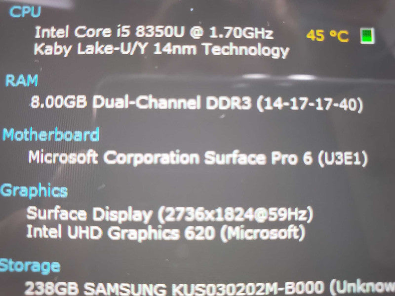Surface Pro 6 Model 1796, i5-8350U 8GB RAM 256GB Storage |