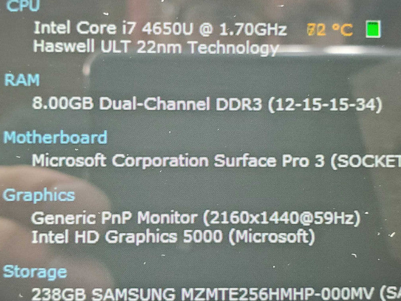 Microsoft Surface Pro 3, i7-4650U 8GB RAM 256GB Storage |
