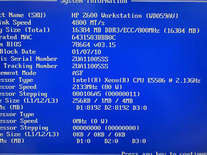 HP Z600 Workstation E5506 2.13GHz 16GB DDR3 No HDD |