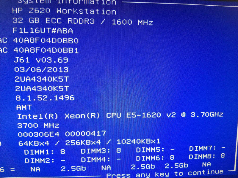HP Z620 Workstation Xeon E5-1620v2 3.7GHz/32GB, NO RAID/HDDs/GPU ~