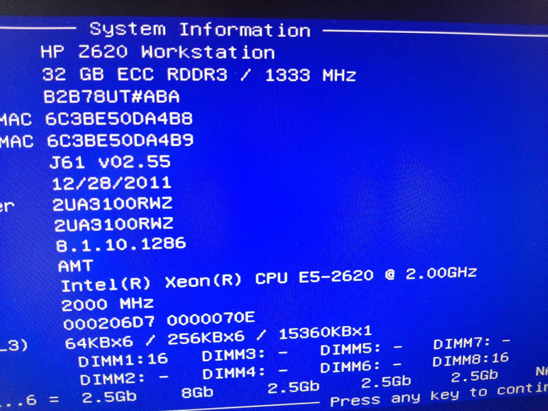 HP Z620 Workstation Xeon E5-2620 2.0GHz/32GB, NO RAID/HDDs/GPU ~