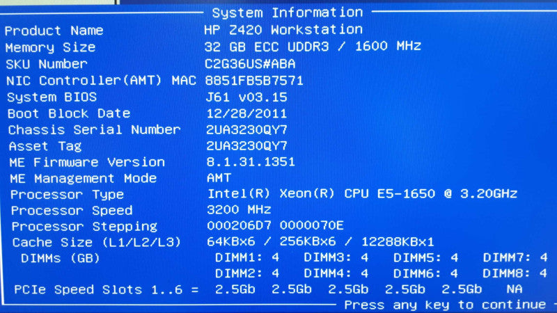 HP Z420 Workstation Xeon E5-1620 3.2GHz 32GB DDR3 No HDD, nVidia K2000 |