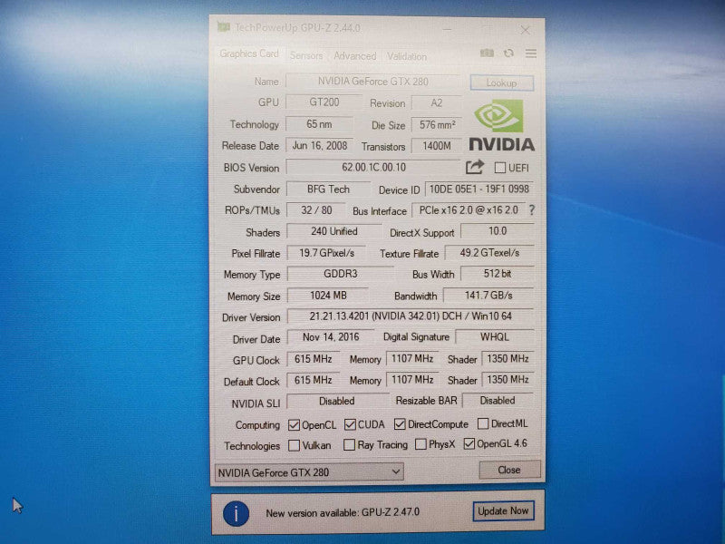 Nvidia GeForce GTX 280 BFG Tech 1024mb 1gb graphics card (