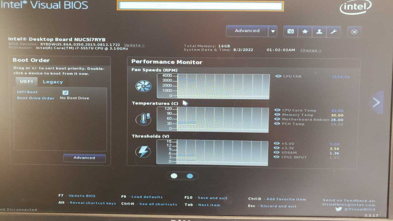 Intel NUC5i7RYB mini PC, Core I7-5557U 3.1GHz, 16GB RAM, No HDD/SSD/Power Adap _