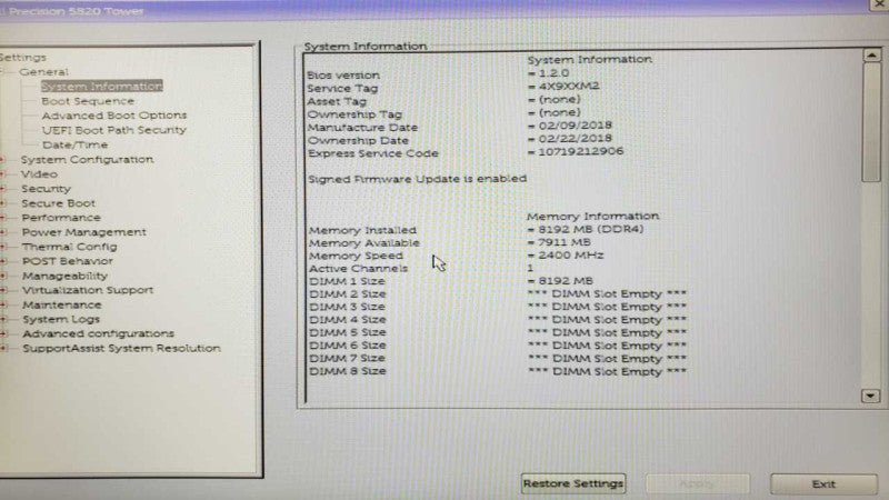 Dell Precision 5820 Xeon W-2102 2.9Ghz, 8 GB DDR4, 2x HDD Trays, No GPU _