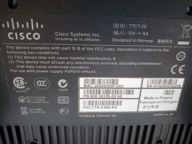 Cisco  EX60 TTC7-20 TelePresence System Video No control panel No Power Supply )
