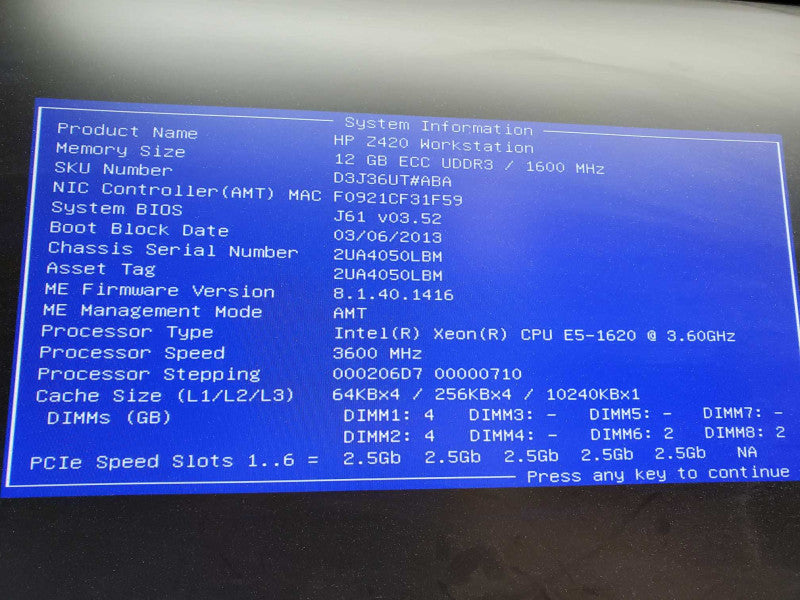 HP Z420 Workstation, Xeon E5-1620 @3.60Ghz, 12GBRAM, NVS 510 )