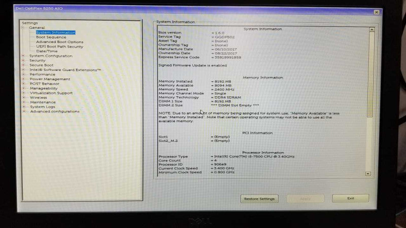 Dell optiplex 5250 AiO i5-7500 @ 3.40ghz / 8gb ram ddr4 / 1920 x 1080 #