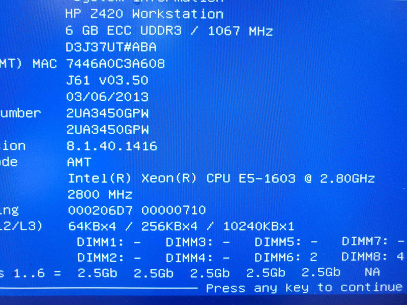 HP Z420 Workstation Xeon E5-1603  @2.8GHZ 6GB RAM |