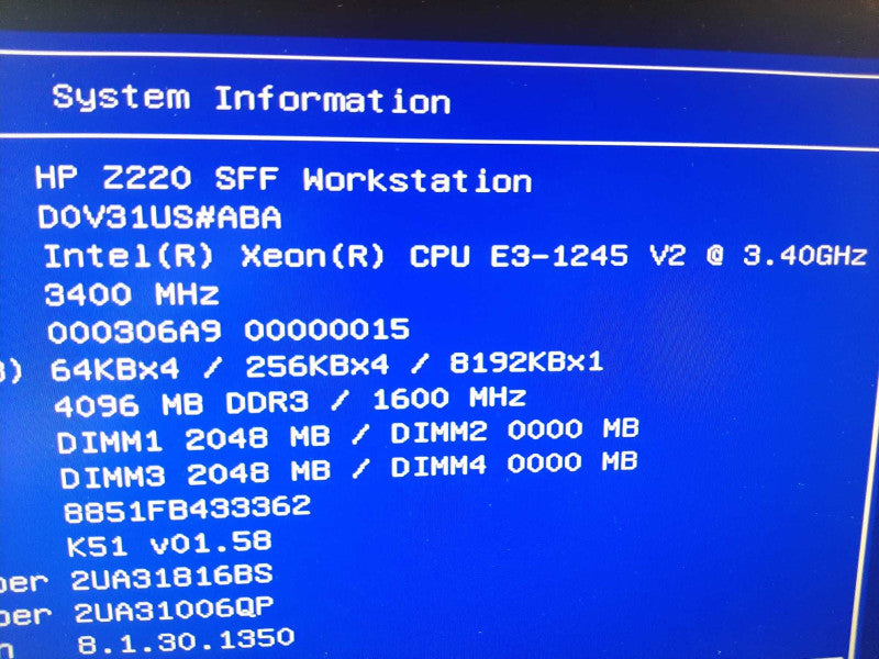 HP Z220 Workstation, Xeon E3-1245v2 3.4GHz/4GB, NO RAID/HDDs ~