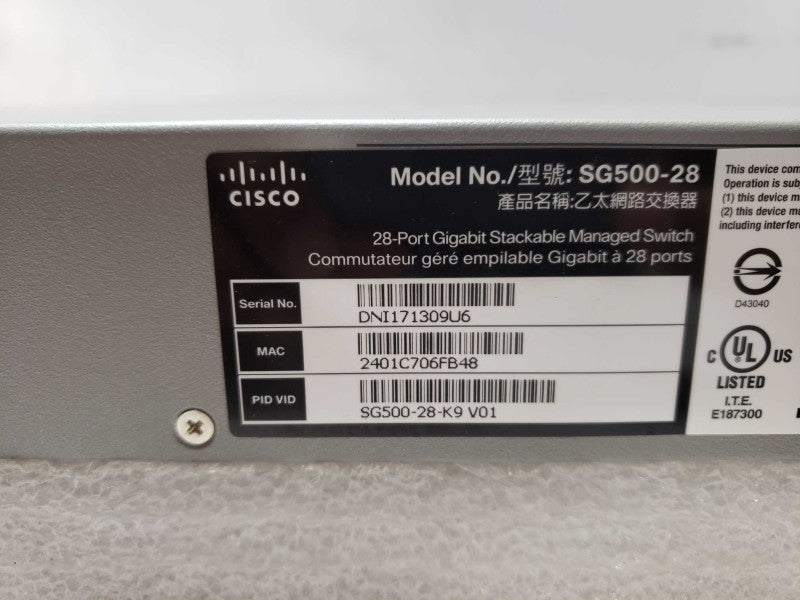 Cisco SG500-28 28 Port Gigabit Stackable Managed Switch SG500-28-K9, Rack Ears _