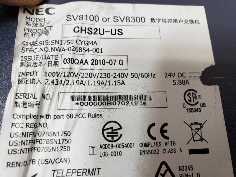 NEC SV8100 CHS2U-US W/ CD-CP00 CD-PRTA CD-16DLCA CD-8DLCA CD-VM00 ASIS SEE _