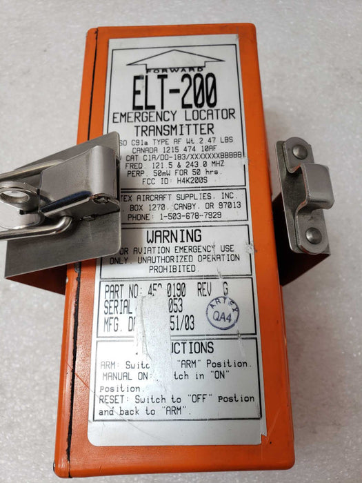 ARTEX ELT 200 P/N 453-0190 REV G, EMERGENCY LOCATOR TRANSMITTER, AS-IS _
