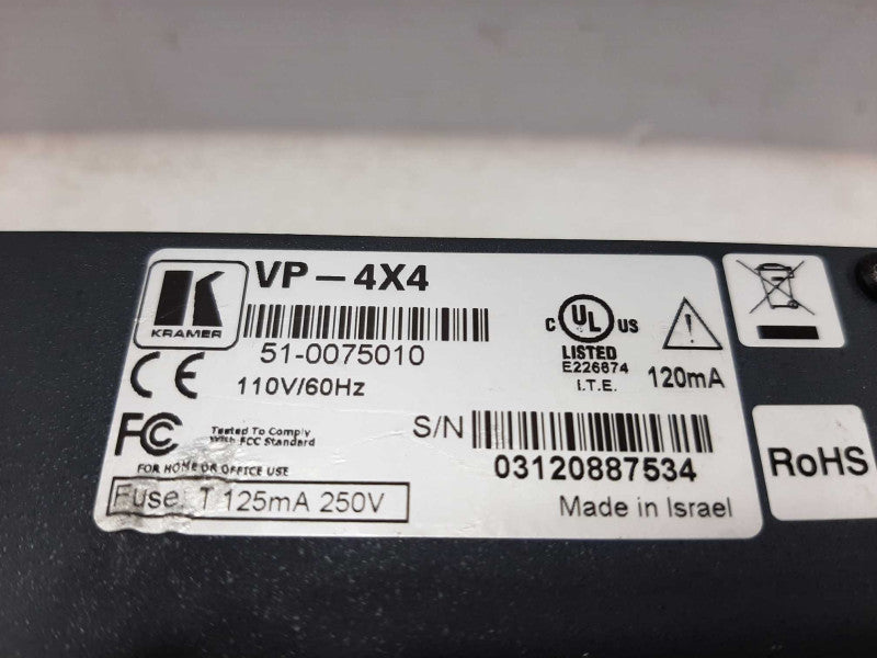 Kramer VP-4X4K 4X4 UXGA Graphics Video & Balanced Audio Matrix Switcher ~