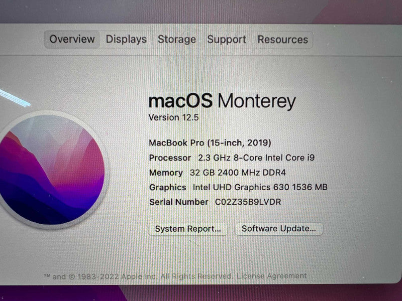 MacBook Pro 15 inch 2019 TouchBar with 8 core i9 CPU @ 2.3 GHz 32GB RAM & 1TB  -