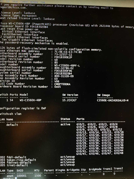 Cisco WS-C3560X-48PF-L 48 Port PoE+ Gigabit Switch, FACTORY RESET ~