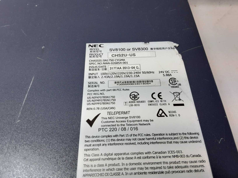 Nec SV8100 CHS2U-US with 3x CD-16DLCA, 2X CD-4LCA, 1X CD-4C0TB, powers on AS-IS _