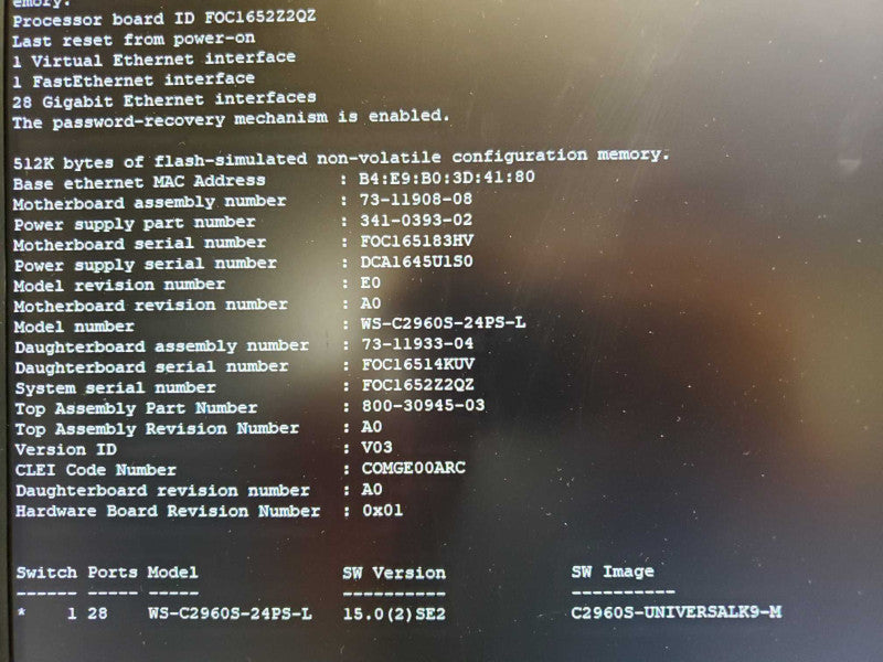 Cisco WS-C2960S-24PS-L 24 Port PoE+ Gigabit Switch (