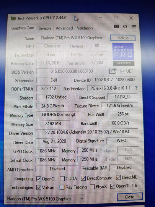 AMD Radeon Pro WX 5100 8GB GDDR5 PCIe Video Card Dell, 100% TESTED ~