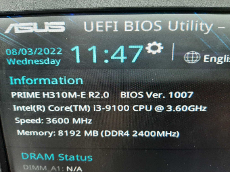 ASUS PRIME H310M-E R2.0 Motherboard, i3-9100 3.6GHz/8GB DDR4 ~