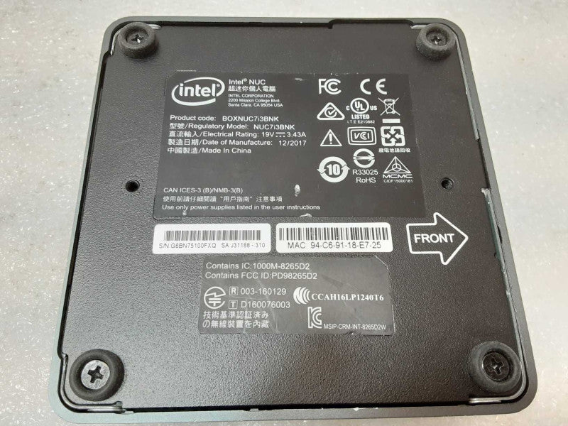 Intel NUC7i3BNB Mini PC, Core I3-7100U 2.4GHz, 8GB DDR4, No SSD/Power adapter _