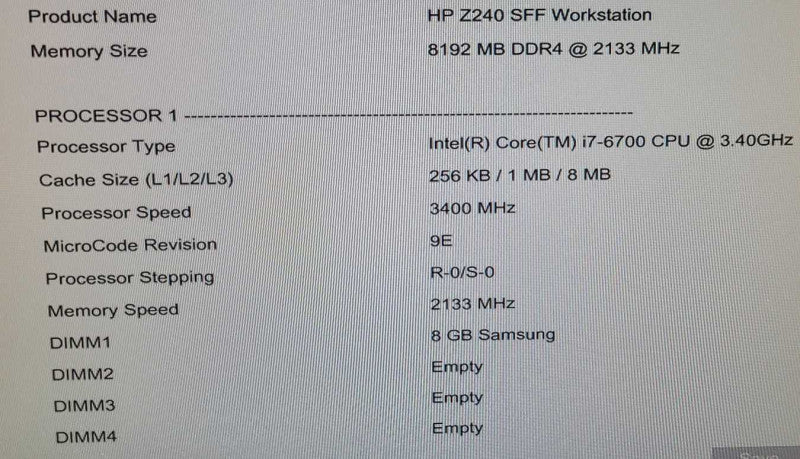HP Z240 SFF I7-6700 3.4GHz 8GB DDR4 RAM NO OS NO HDD $