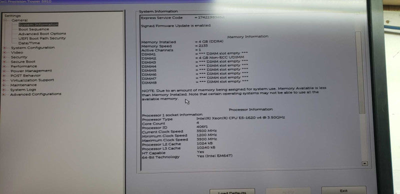Dell Precision T5810 Xeon E5-1620 V4 @ 3.50ghz / 4gb ram ddr4 / see notes #