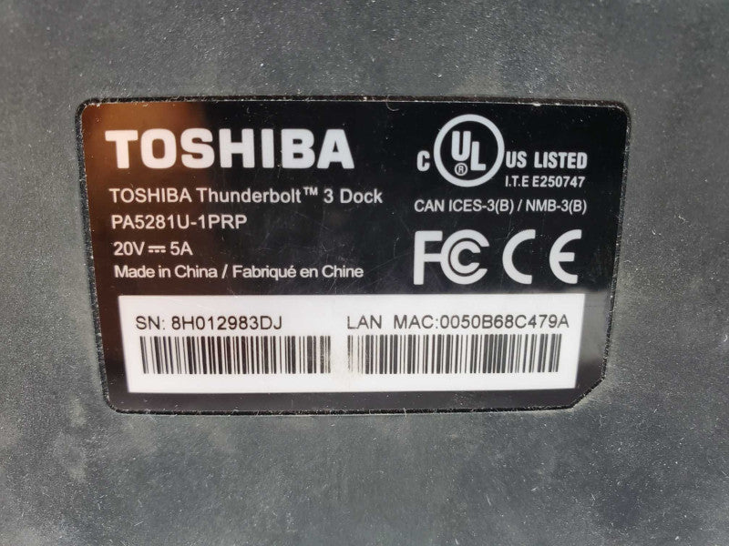 Toshiba PA5281U-1PRP Thunderbolt 3 Dock 20V 5A No AC Adapter *Tested* (