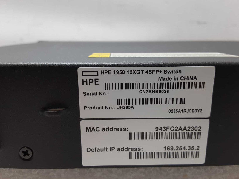HPE JH295A 1950-12XGT 4SFP+ 12x 10GBASE-T Switch, Factory Reset _