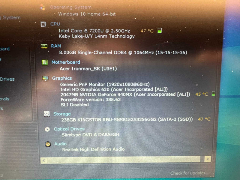 Acer Aspire E15 with i5-7200U CPU 8GB RAM & 256GB SSD Storage -