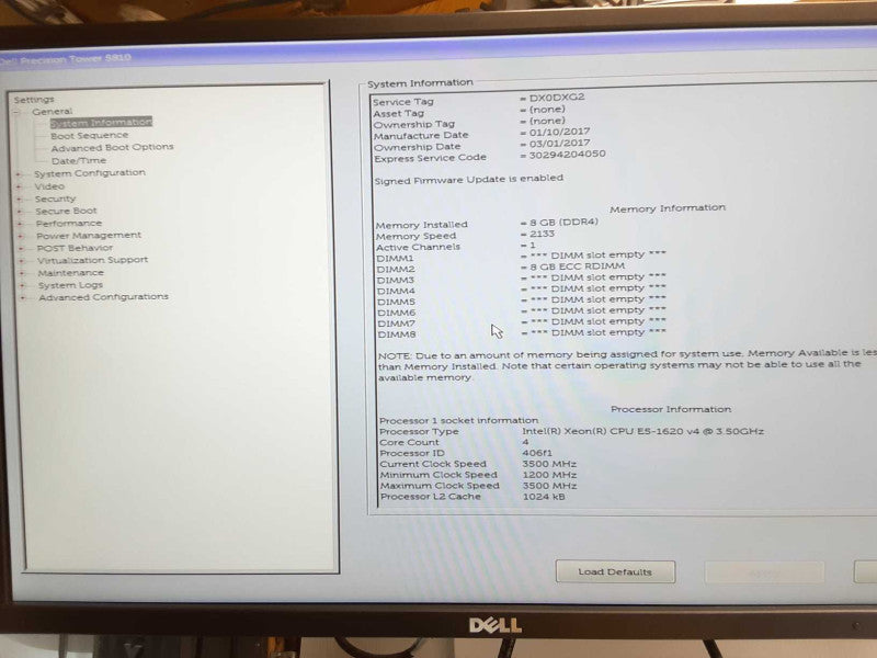 Dell precision T5810, Xeon E5-1620v4 3.5GHz, 8GB DDR4, No GPU _