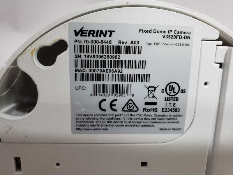 VERINT 70-300-6448 Fixed Dome IP Camera A03 V3520FD-DN [