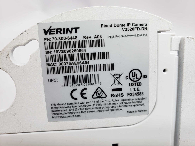 VERINT 70-300-6448 Fixed Dome IP Camera A03 V3520FD-DN [