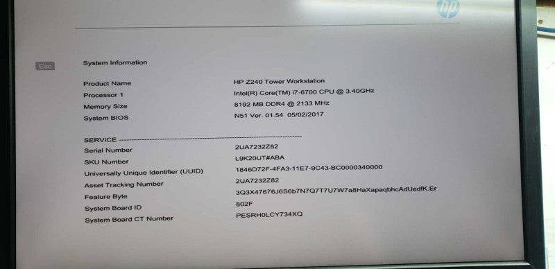 HP Z240 workstation I7-6700 @ 3.40ghz / 8gb ram ddr4 / see notes #