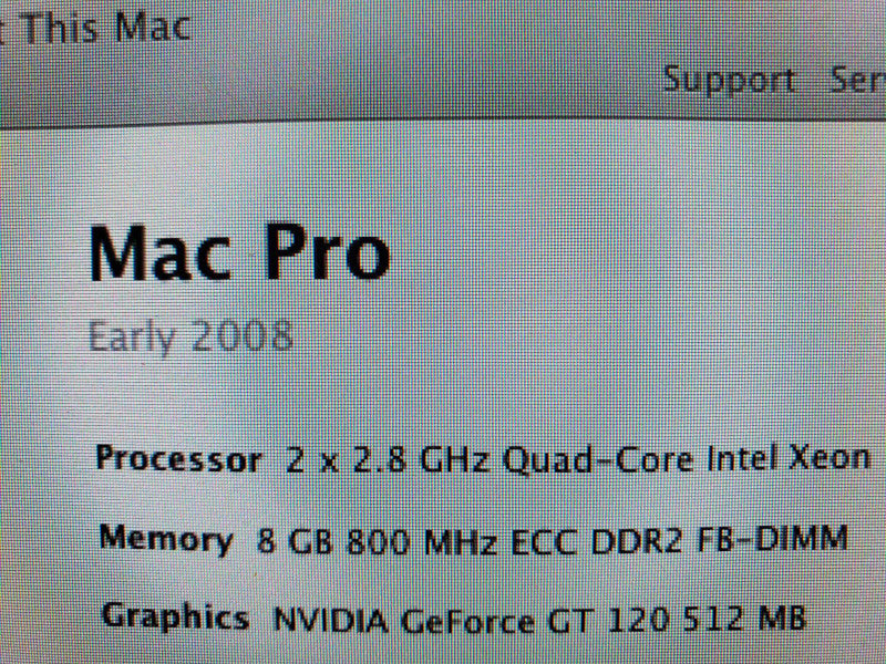 Apple Mac Pro 2008 A1186, 2x2.8GHz Quadcore Xeon 8GB DDR2, nVidia GT 120 GPU |
