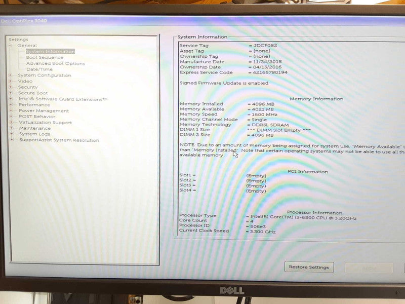 Dell Optiplex 3040 PC, Core i5-6500 3.2GHz, 4GB DDR4, No SSD/HDD _